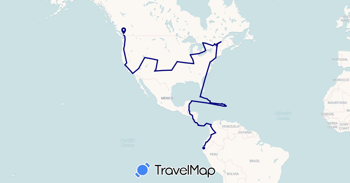 TravelMap itinerary: driving in Belize, Canada, Colombia, Costa Rica, Cuba, Dominican Republic, Ecuador, Honduras, Mexico, Nicaragua, Panama, Peru, United States (North America, South America)